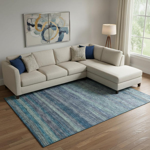 HomeRoots 9' X 12' Striped Area Rug in Blue, Teal & Gray – Washable, UV Protected & Perfect for Any Space! 695677