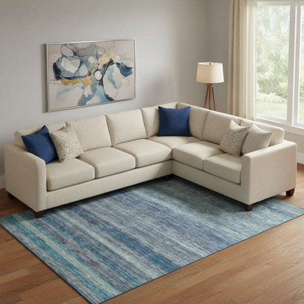 HomeRoots 10' X 14' Washable Blue Teal Gray Striped Area Rug - UV Protected, Stain-Resistant, Durable Design! 695678