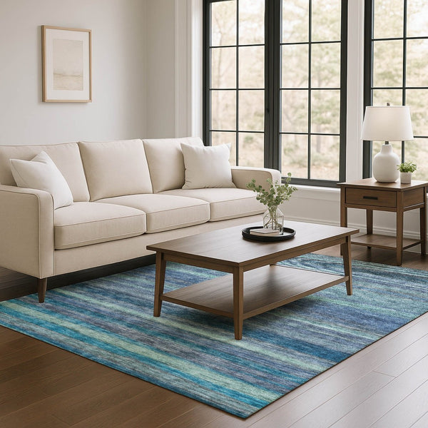 HomeRoots 10' X 14' Washable Blue Teal Gray Striped Area Rug - UV Protected, Stain-Resistant, Durable Design! 695678
