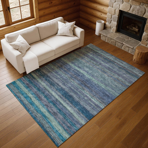 HomeRoots 10' X 14' Washable Blue Teal Gray Striped Area Rug - UV Protected, Stain-Resistant, Durable Design! 695678