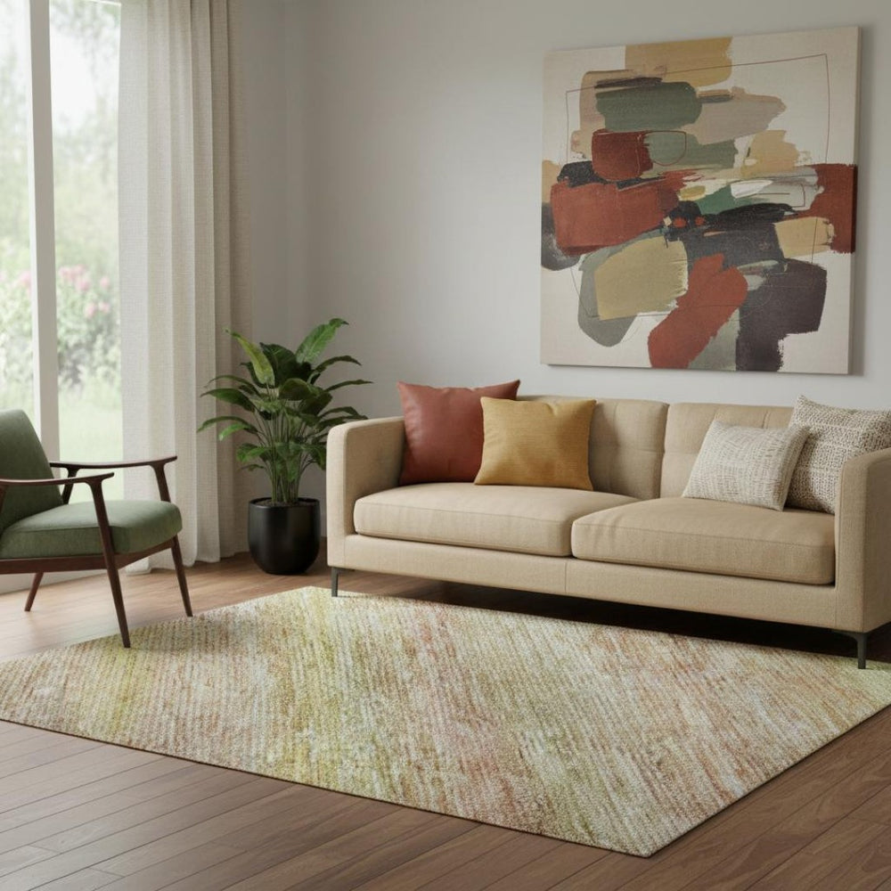 HomeRoots 5' X 8' Elegant Gold Blush Teal Striped Area Rug – Washable, UV Protected, Stain Resistant Design 695680