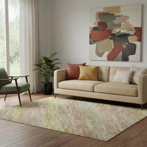 HomeRoots 5' X 8' Elegant Gold Blush Teal Striped Area Rug – Washable, UV Protected, Stain Resistant Design 695680