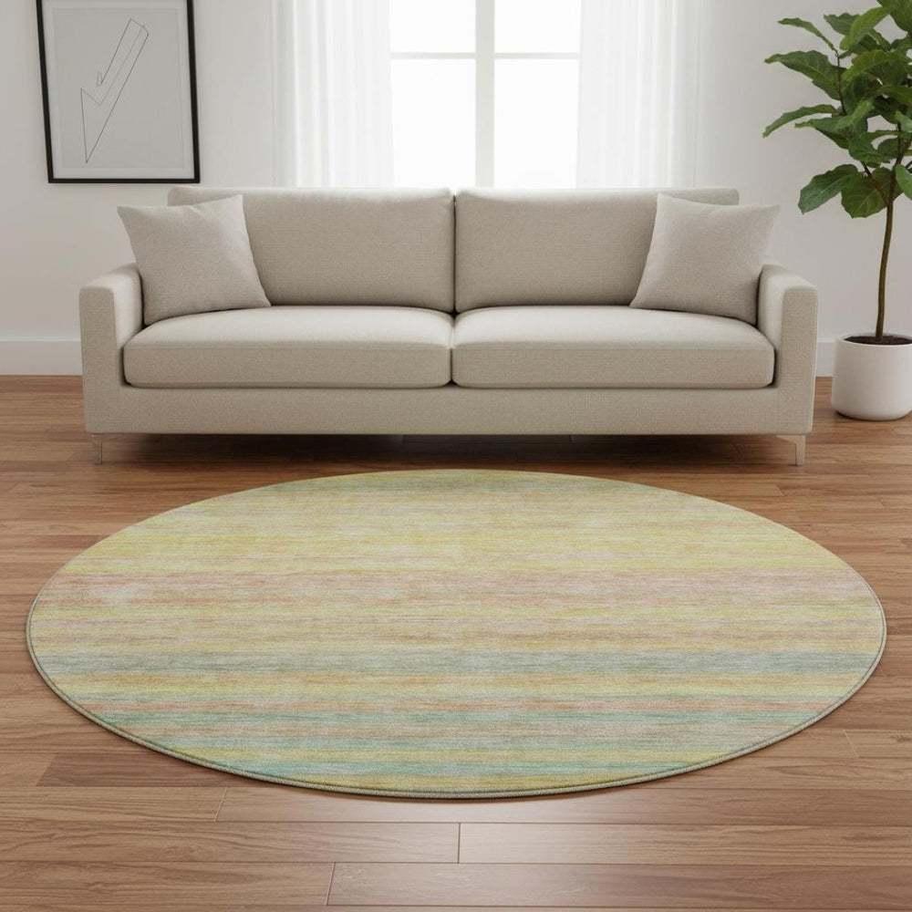 HomeRoots 8' Gold Blush Teal Striped Washable Round Rug - UV Protected, Durable, Stylish for High-Traffic Homes 695681