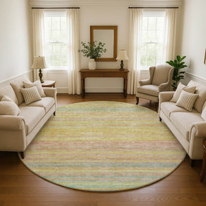 HomeRoots 8' Gold Blush Teal Striped Washable Round Rug - UV Protected, Durable, Stylish for High-Traffic Homes 695681