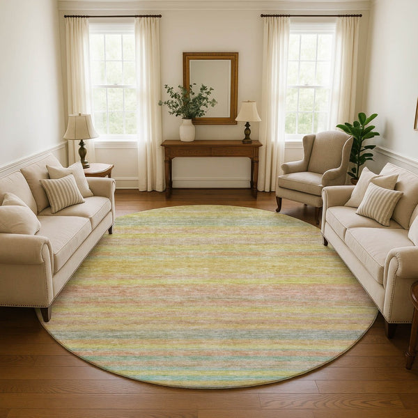 HomeRoots 8' Gold Blush Teal Striped Washable Round Rug - UV Protected, Durable, Stylish for High-Traffic Homes 695681