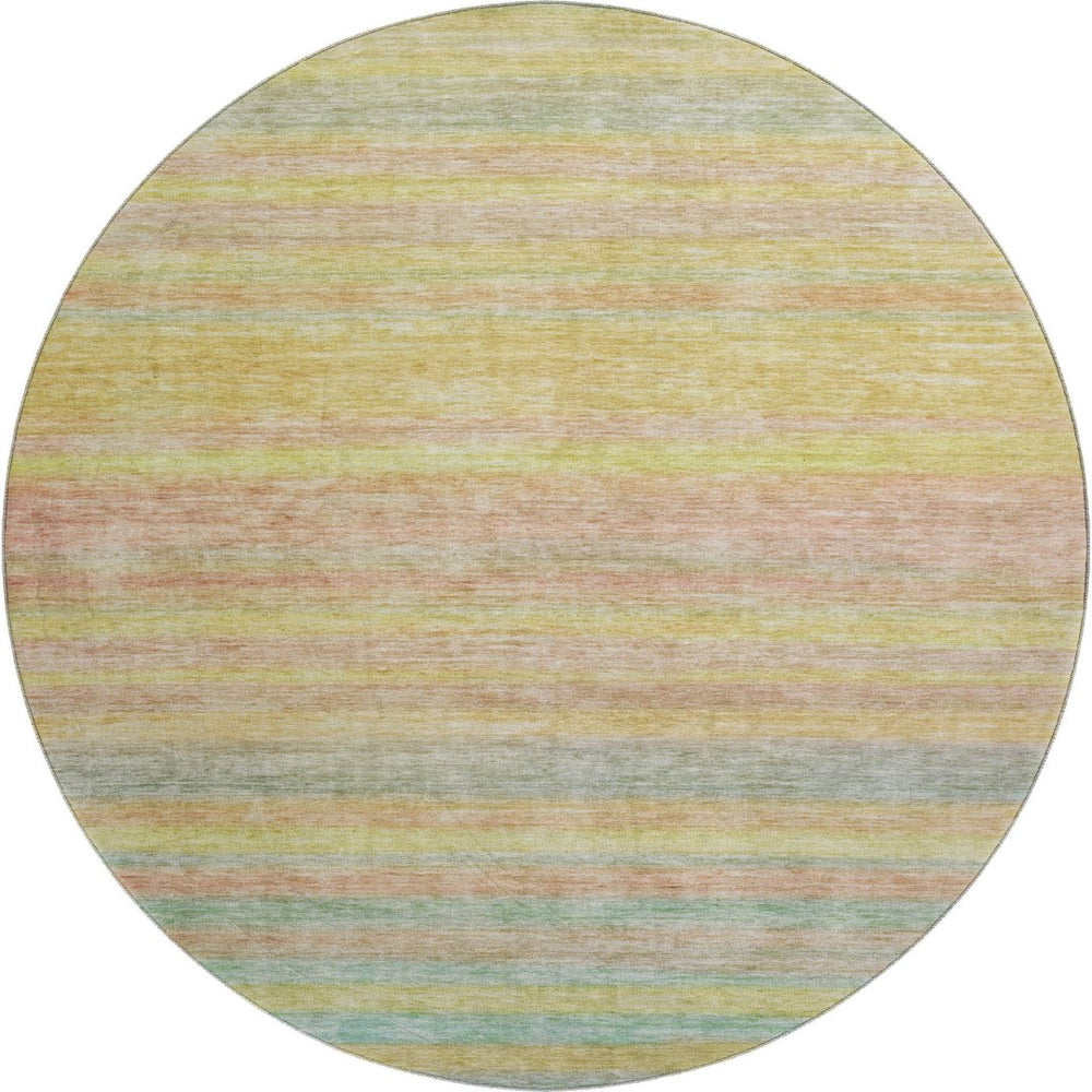 HomeRoots 8' Gold Blush Teal Striped Washable Round Rug - UV Protected, Durable, Stylish for High-Traffic Homes 695681
