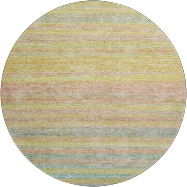 HomeRoots 8' Gold Blush Teal Striped Washable Round Rug - UV Protected, Durable, Stylish for High-Traffic Homes 695681