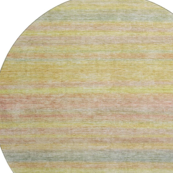 HomeRoots 8' Gold Blush Teal Striped Washable Round Rug - UV Protected, Durable, Stylish for High-Traffic Homes 695681