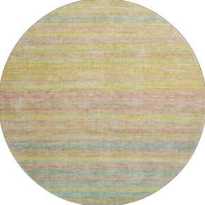 HomeRoots 8' Gold Blush Teal Striped Washable Round Rug - UV Protected, Durable, Stylish for High-Traffic Homes 695681