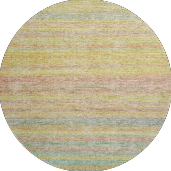 HomeRoots 8' Gold Blush Teal Striped Washable Round Rug - UV Protected, Durable, Stylish for High-Traffic Homes 695681