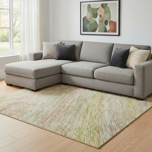 HomeRoots 8' X 10' Stylish Gold Blush Teal Striped Washable Area Rug with UV Protection for High-Traffic Spaces 695682