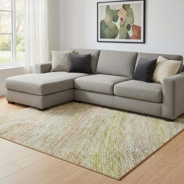 HomeRoots 8' X 10' Stylish Gold Blush Teal Striped Washable Area Rug with UV Protection for High-Traffic Spaces 695682