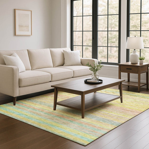 HomeRoots 10' X 14' Stylish Gold Blush & Teal Striped Area Rug - Washable, Durable, UV Protection & Stain Resistant 695684