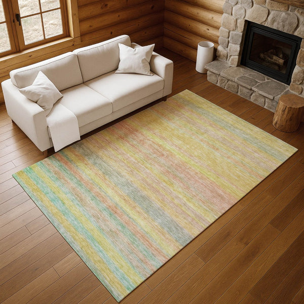 HomeRoots 10' X 14' Stylish Gold Blush & Teal Striped Area Rug - Washable, Durable, UV Protection & Stain Resistant 695684