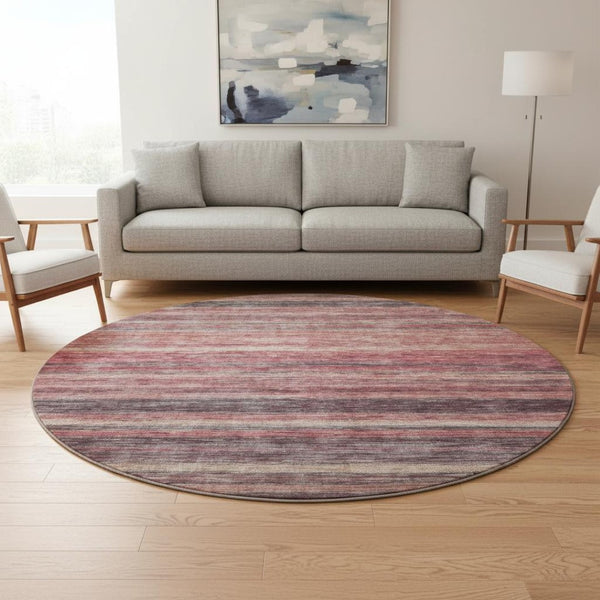 HomeRoots 8' Stylish Rust Gray & Blush Striped Round Rug - Washable, UV Protected, Ideal for Family Spaces 695687