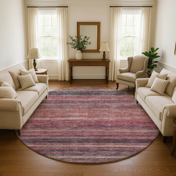 HomeRoots 8' Stylish Rust Gray & Blush Striped Round Rug - Washable, UV Protected, Ideal for Family Spaces 695687