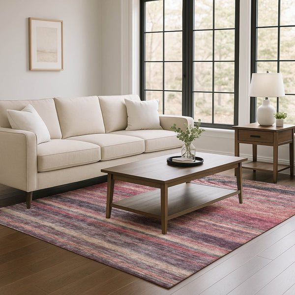 HomeRoots 9' X 12' Elegant Rust Gray & Blush Striped Area Rug - Washable, Stain-Resistant, UV Protected! 695689