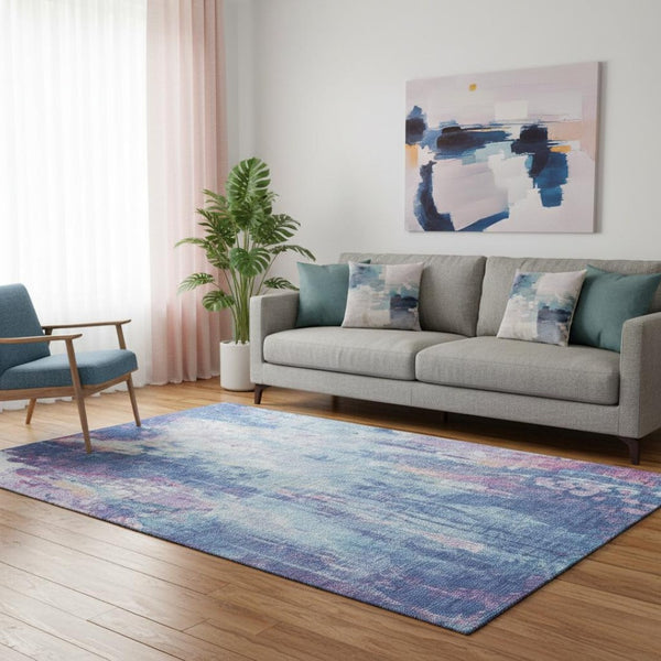 HomeRoots 5' X 8' Abstract Washable Area Rug in Blue, Blush & Ivory - Stain Resistant & UV Protected Design 695692