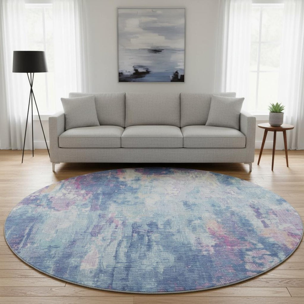 HomeRoots 8' Blue Blush and Ivory Abstract Washable Round Rug - UV Protected, Durable, Easy Care for High Traffic 695693