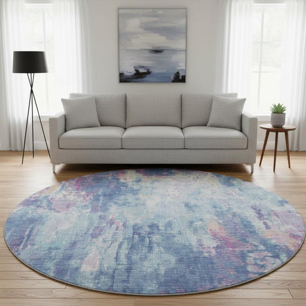 HomeRoots 8' Blue Blush and Ivory Abstract Washable Round Rug - UV Protected, Durable, Easy Care for High Traffic 695693