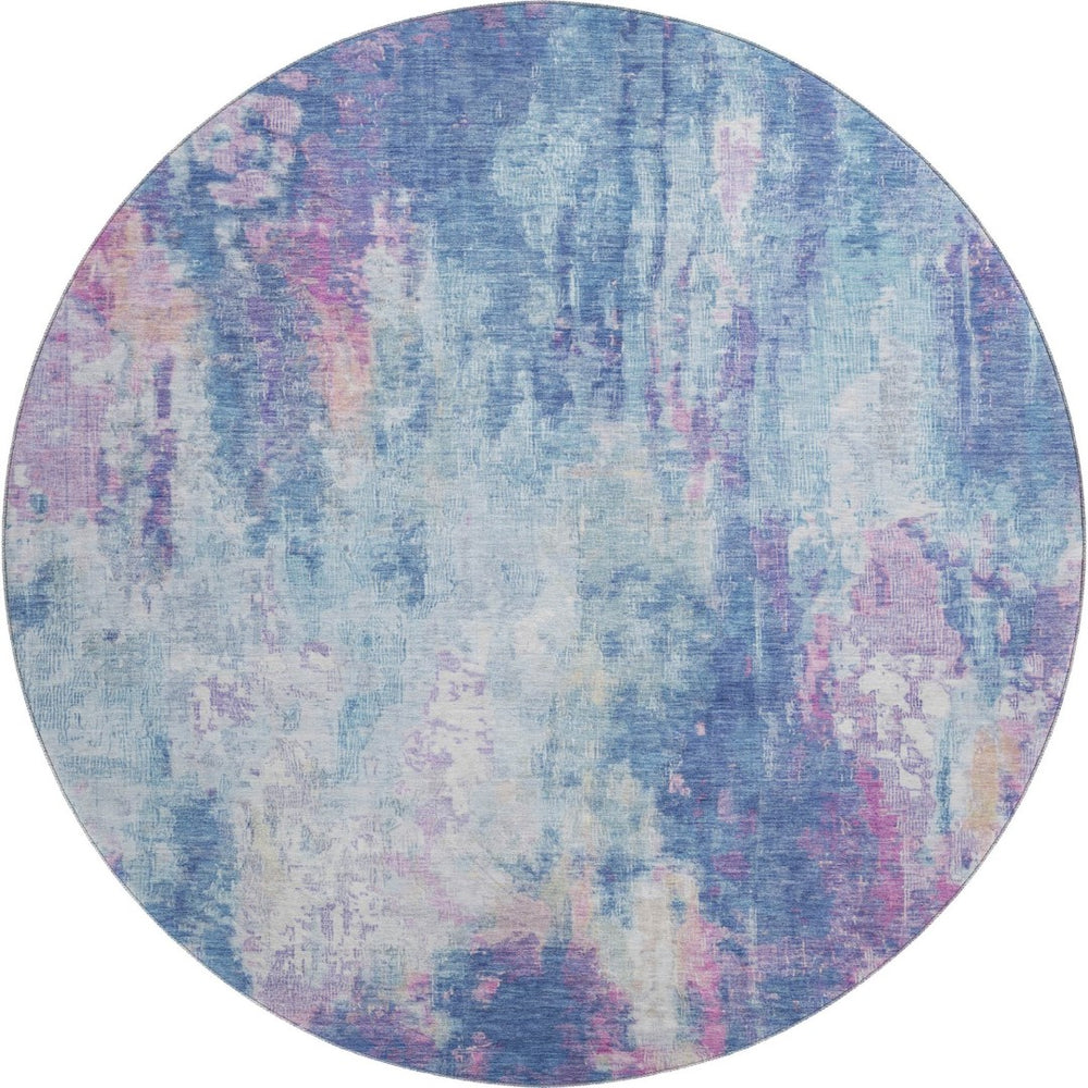 HomeRoots 8' Blue Blush and Ivory Abstract Washable Round Rug - UV Protected, Durable, Easy Care for High Traffic 695693