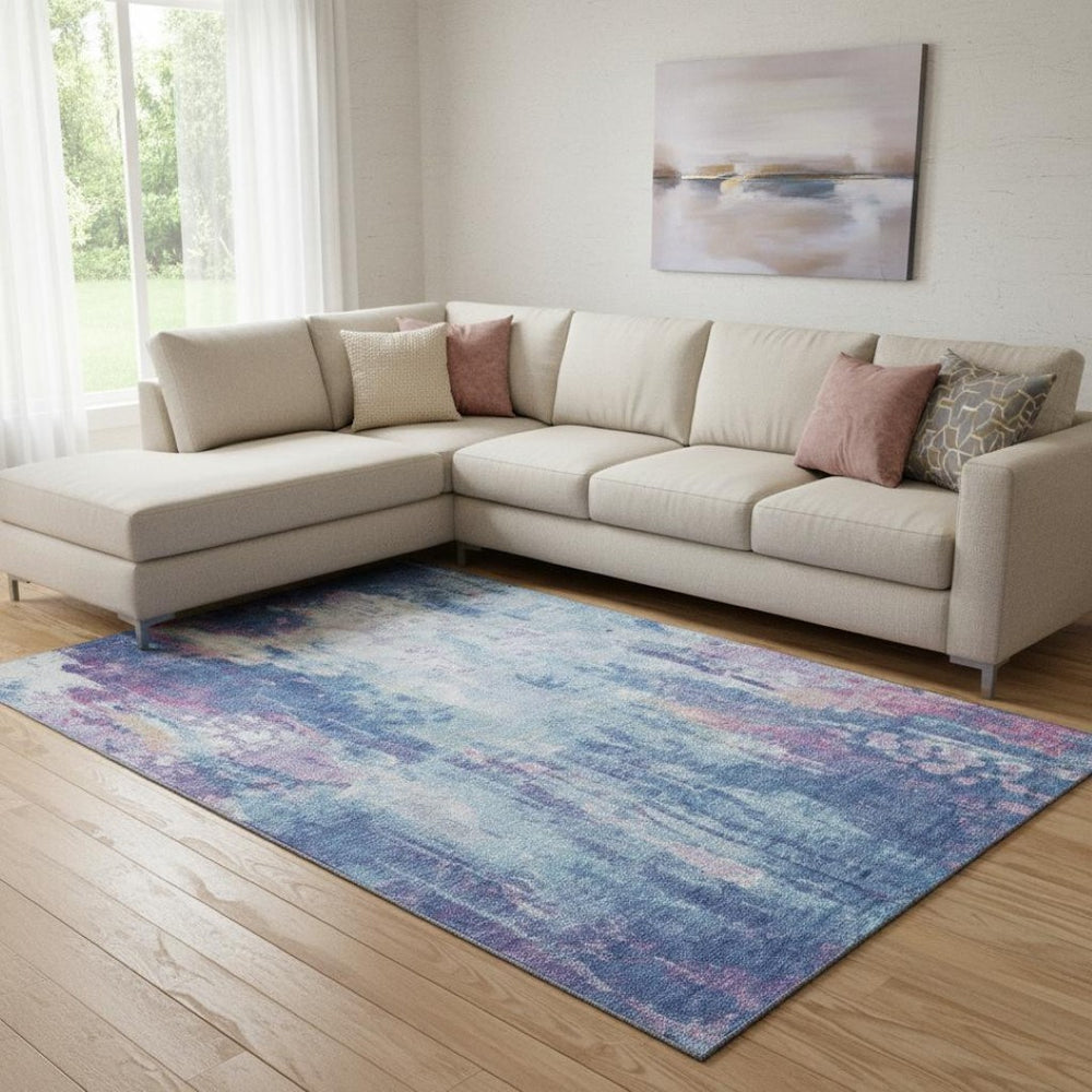 HomeRoots 8' X 10' Abstract Washable Area Rug in Blue, Blush & Ivory - UV Protected, Ideal for High-Traffic Spaces 695694