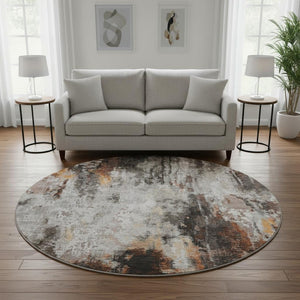 HomeRoots 8' Gray Rust and Ivory Abstract Washable Round Rug – Stylish, Durable, UV Protected for Modern Spaces 695699