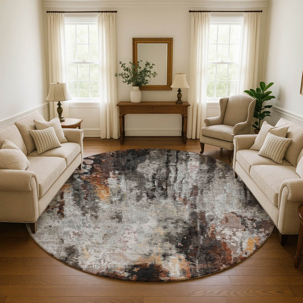 HomeRoots 8' Gray Rust and Ivory Abstract Washable Round Rug – Stylish, Durable, UV Protected for Modern Spaces 695699
