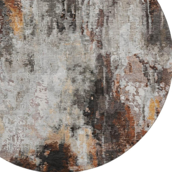 HomeRoots 8' Gray Rust and Ivory Abstract Washable Round Rug – Stylish, Durable, UV Protected for Modern Spaces 695699