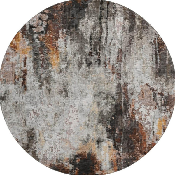 HomeRoots 8' Gray Rust and Ivory Abstract Washable Round Rug – Stylish, Durable, UV Protected for Modern Spaces 695699