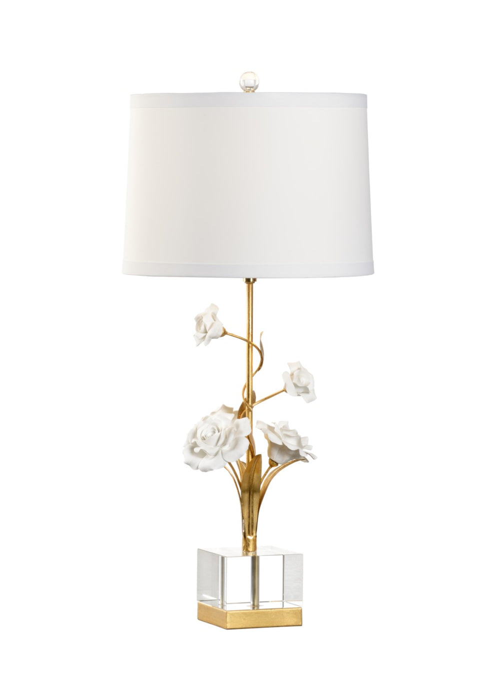 Chelsea House Large Rose Lamp Handcrafted Porcelain Blooms With Antique Gold Leaf Stem, Crystal Base & Silk Shade Elegante 69570