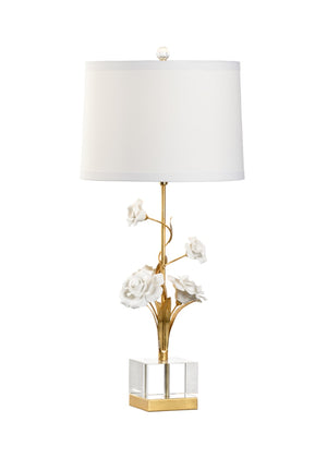 Chelsea House Large Rose Lamp Handcrafted Porcelain Blooms With Antique Gold Leaf Stem, Crystal Base & Silk Shade Elegante 69570