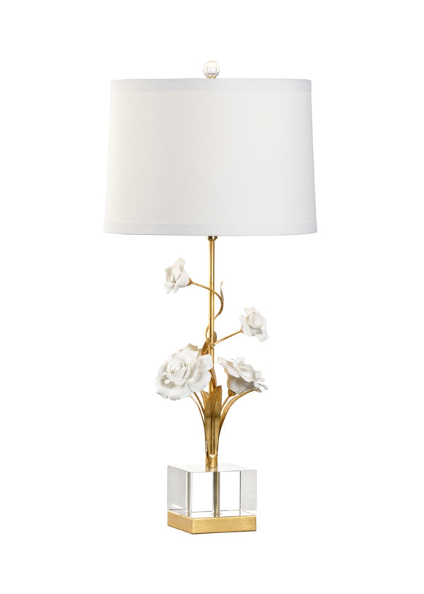 Chelsea House Large Rose Lamp Handcrafted Porcelain Blooms With Antique Gold Leaf Stem, Crystal Base & Silk Shade Elegante 69570