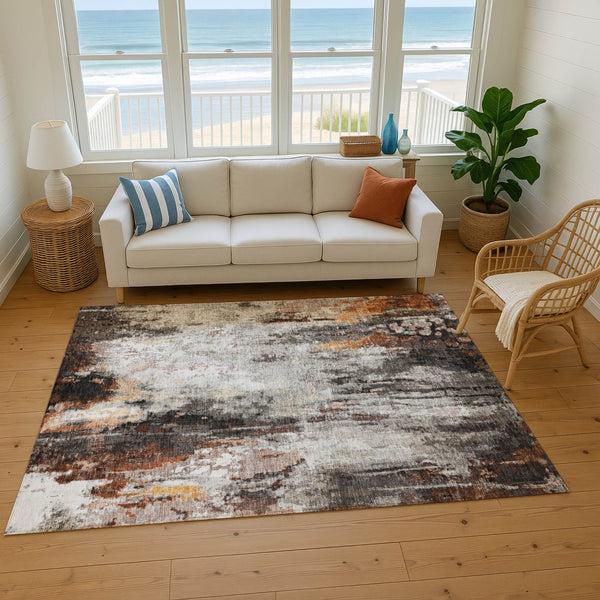 HomeRoots 10' X 14' Gray, Rust & Ivory Abstract Area Rug – Washable, UV-Resistant, Modern Design for High Traffic Areas 695702