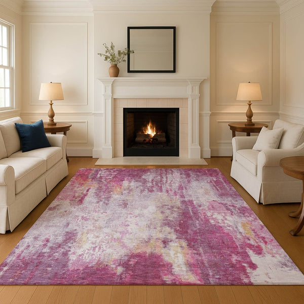 HomeRoots 5' X 8' Pink Peach Ivory Abstract Washable Area Rug with UV Protection for Stylish Home Décor 695704