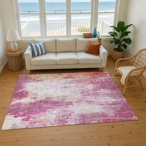 HomeRoots 5' X 8' Pink Peach Ivory Abstract Washable Area Rug with UV Protection for Stylish Home Décor 695704