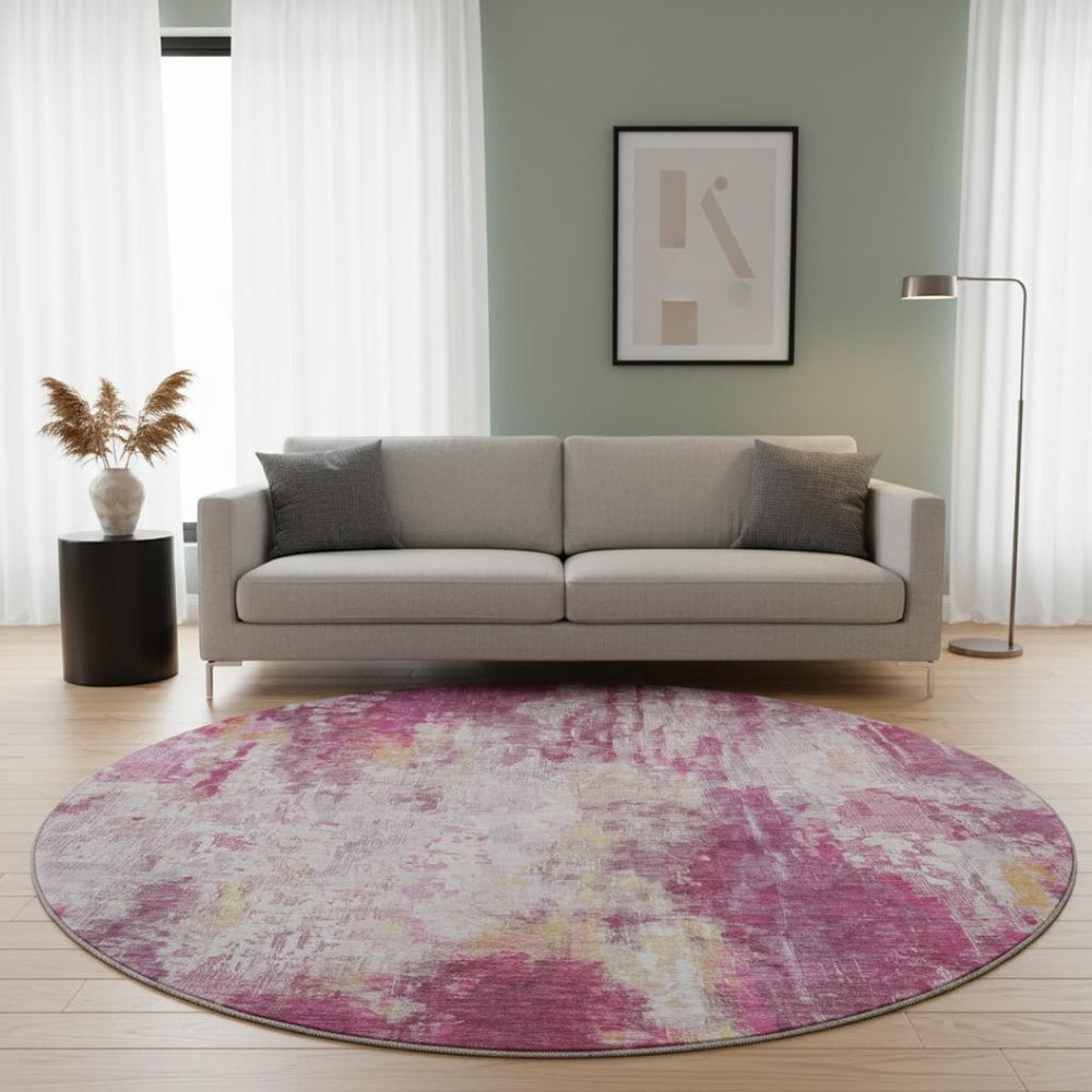 HomeRoots 8' Washable Round Rug in Pink Peach & Ivory – UV Protected, Stain Resistant, Modern Abstract Design 695705