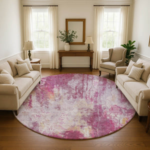 HomeRoots 8' Washable Round Rug in Pink Peach & Ivory – UV Protected, Stain Resistant, Modern Abstract Design 695705
