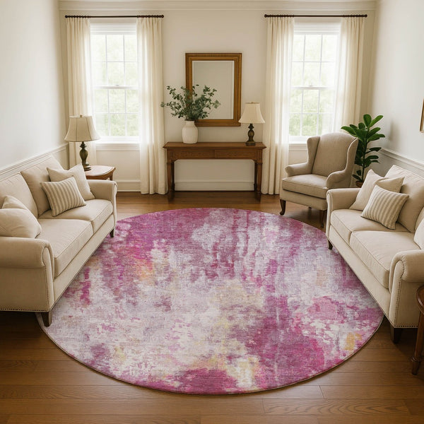 HomeRoots 8' Washable Round Rug in Pink Peach & Ivory – UV Protected, Stain Resistant, Modern Abstract Design 695705