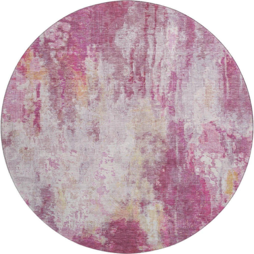 HomeRoots 8' Washable Round Rug in Pink Peach & Ivory – UV Protected, Stain Resistant, Modern Abstract Design 695705