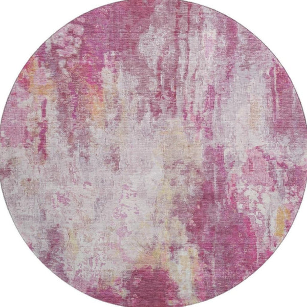 HomeRoots 8' Washable Round Rug in Pink Peach & Ivory – UV Protected, Stain Resistant, Modern Abstract Design 695705