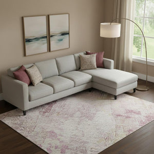 HomeRoots 10' Pink Peach & Ivory Abstract Washable Area Rug - Durable, UV Protected, Perfect for Busy Homes! 695708