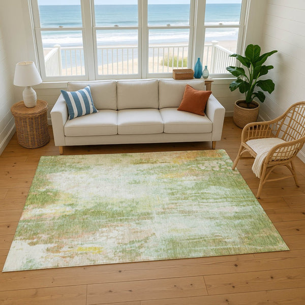 HomeRoots 5' X 8' Washable Sage Wheat Ivory Area Rug with UV Protection, Stain Resistance & Non-Slip Backing 695710