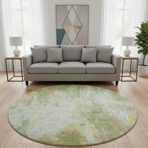 HomeRoots 8' Sage Wheat & Ivory Abstract Washable Round Rug - Modern, Durable, UV-Protected for Busy Homes 695711