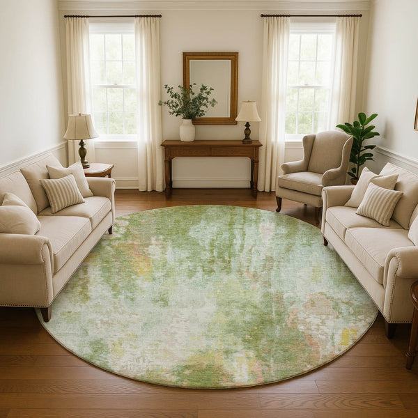 HomeRoots 8' Sage Wheat & Ivory Abstract Washable Round Rug - Modern, Durable, UV-Protected for Busy Homes 695711