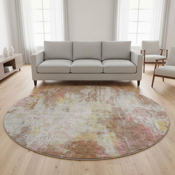 HomeRoots 8' Contemporary Tan Mauve & Ivory Abstract Round Rug - Washable, Stain Resistant, UV Protected! 695717