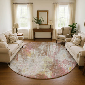 HomeRoots 8' Contemporary Tan Mauve & Ivory Abstract Round Rug - Washable, Stain Resistant, UV Protected! 695717