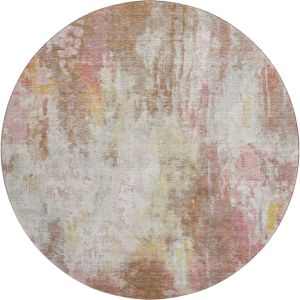 HomeRoots 8' Contemporary Tan Mauve & Ivory Abstract Round Rug - Washable, Stain Resistant, UV Protected! 695717