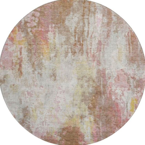 HomeRoots 8' Contemporary Tan Mauve & Ivory Abstract Round Rug - Washable, Stain Resistant, UV Protected! 695717