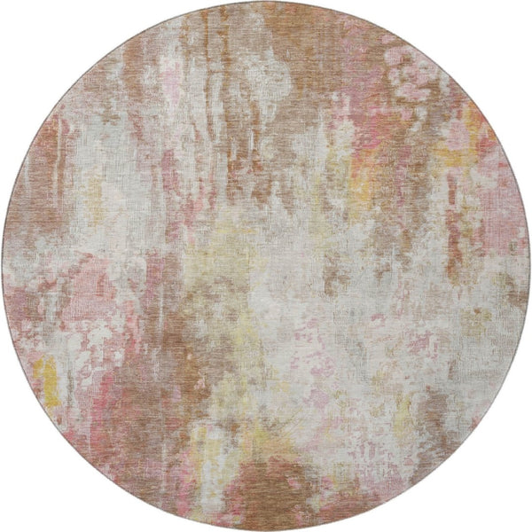 HomeRoots 8' Contemporary Tan Mauve & Ivory Abstract Round Rug - Washable, Stain Resistant, UV Protected! 695717